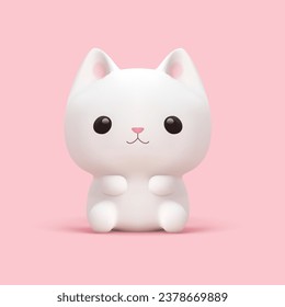 Cute kitten white baby cat little feline kawaii pet 3d icon realistic vector illustration. Adorable funny domestic animal furry positive kitty with ears paws smiling face expression isolated on pink