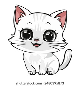 Gatito lindo, gatito lindo blanco, dibujo, mascota feliz, gráfico, gato. Pegatina, Imagen en papelería para niños.   Aislado sobre fondo blanco. 
