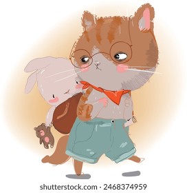 cute kitten with white hare in the bag