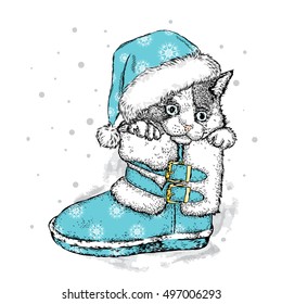 Cute kitten in winter boots. Vector illustration for greeting card, poster, or print on clothes. Christmas and New Year.