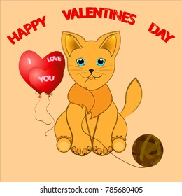 Cute kitten wishes happy Valentine's Day. Two red balloon in the shape of a heart.