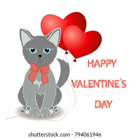 Cute kitten wishes happy Valentine's Day. Two red balloon in the shape of a heart. Illustration. Vector.