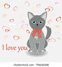 Cute kitten wishes happy Valentine's Day. Text- I love you. Illustration. Vector.
