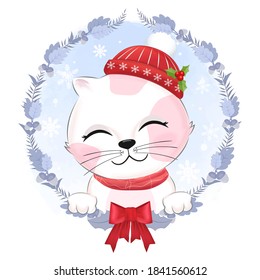 Cute kitten with wreath Christmas illustration.