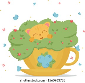 Cute kitten in the yellow cup with blueberries and butterflies for poster postcard print
