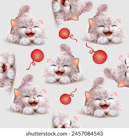 Cute kittens and balls of wool. seamless pattern.