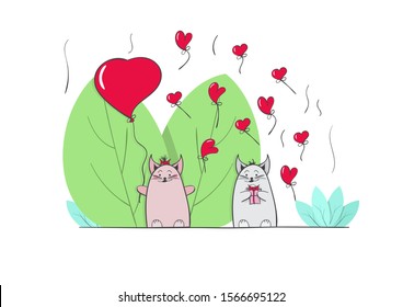 Cute kittens. Cat congratulates his kitty on Valentine's Day. - Vector