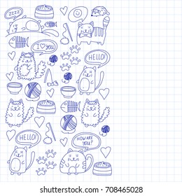 Cute kittens Cat icons Kids drawing Children drawing Doodle domestic cats for veterinary, cattery, zoo, kindergarten, pre-school Cat's nursery