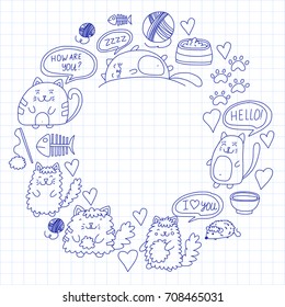 Cute kittens Cat icons Kids drawing Children drawing Doodle domestic cats for veterinary, cattery, zoo, kindergarten, pre-school Cat's nursery