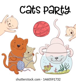 Cute kittens catch fish from the aquarium and have fun and laugh. Joyful little kittens fishers in the style of cartoons