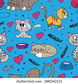 Cute kittens, cats, hanks and hearts seamless pattern. Vector illustration.