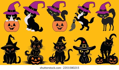 Cute Kittens Cats witch Witch Hats-Kawaii Cats with Pumpkins are Celebrating Halloween Bundle