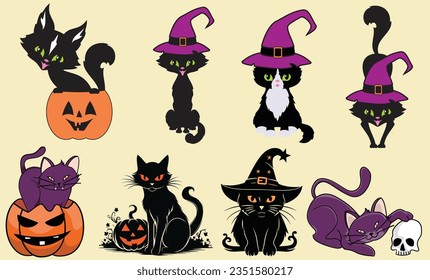 Cute Kittens Cats witch Witch Hats-Kawaii Cats with Pumpkins are Celebrating Halloween Bundle