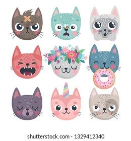 Cute kittens. Characters with different emotions - joy, anger, happines and others. Vector illustration.