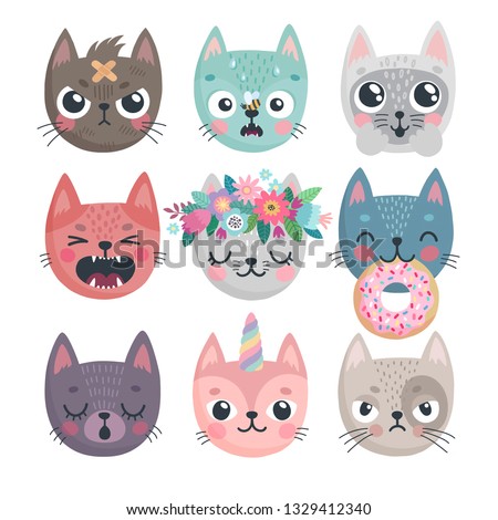 Cute kittens. Characters with different emotions - joy, anger, happines and others. Vector illustration.
