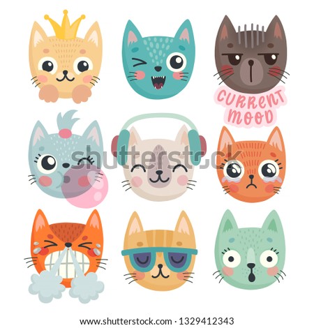 Cute kittens. Characters with different emotions - joy, anger, happines and others. Vector illustration.