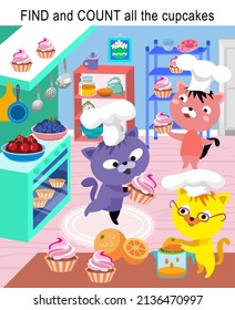 Cute kittens cooking in kitchen. Find and count all cupcakes. Game for children. Vector illustrations, full color.