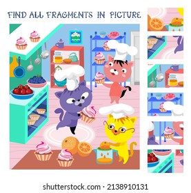 Cute kittens cooking in kitchen. Find all fragments. Game for children. Сute cartoon character. Vector illustration. 