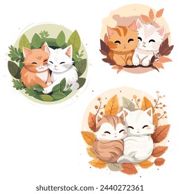 Cute kittens couple hugging sitting in leaves and flowers