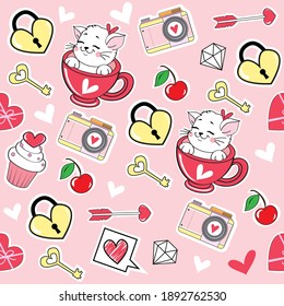 Cute kittens in a cup, hearts and other items for the holiday. Vector illustration seamless pattern. Valentine's Day Fashion Stickers