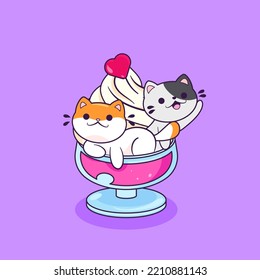 Cute kittens in a cup of ice cream. Illustration for stickers or t-shirt