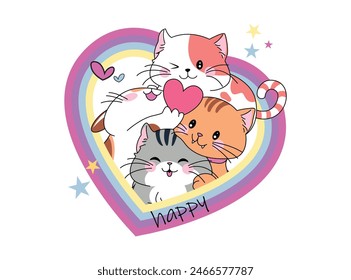 Cute kittens with decorative heart, modern abstract artistic design, silhouettes on a white background ideal for printing, posters, dedications, etc.