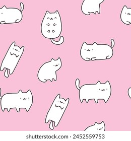 Cute kittens in different poses on a pink girly background, seamless pattern for textile and fabric, wrapping paper design