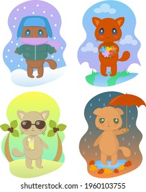 Cute kittens in different seasons of the year. A kitten in winter clothes, a kitten in the spring with flowers, a kitten in the fall with an umbrella and a kitten in the summer with a cocktail. Vector