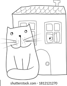 cute kittens drawn by hand for cards, invitations, without background.Cute cat sitting next to the house.
