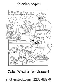Cute kittens eat treats. Black and white cartoon illustration.Vector cartoon illustration isolated on white background. For coloring book, education, print, game, decor, puzzle, design