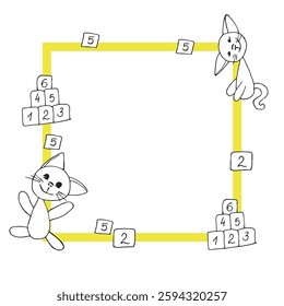 cute kittens with Emotion smile and toys vector square yellow Frame black and white graphics base for design of textiles tableware and printing house