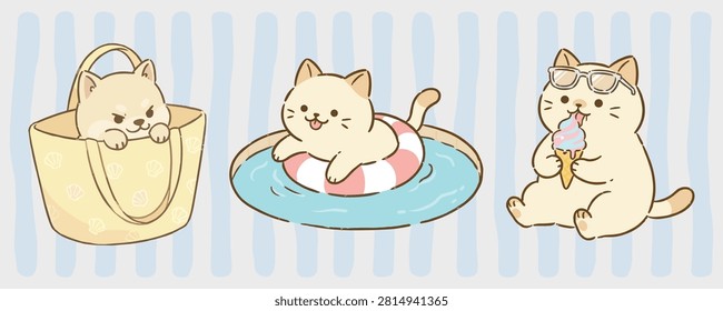 Cute kittens enjoying summer activities illustration in kawaii style