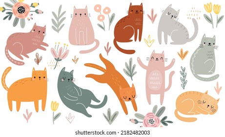 Cute kittens with floral elements. Childish characters with different emotions - joy, happines and others. Vector illustration for your design.
