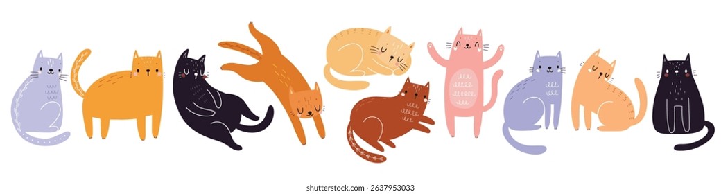 Cute kittens with floral elements. Childish characters with different emotions - joy, happiness and others. Vector illustration for your design.
