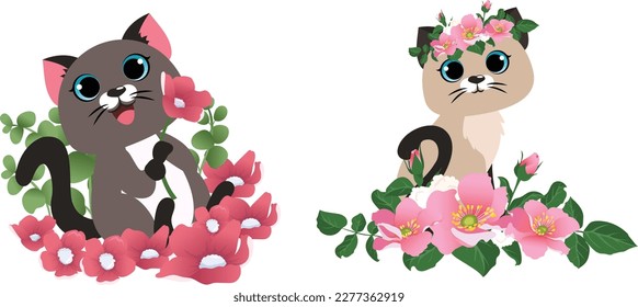 Cute kittens with flower. Pink floral