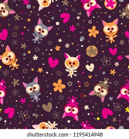 cute kittens and flowers seamless pattern