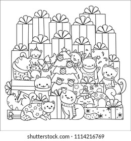 Cute kittens with friends in Chirstmas party design for printed tee,card and coloring book page for kids. Vector illustrations