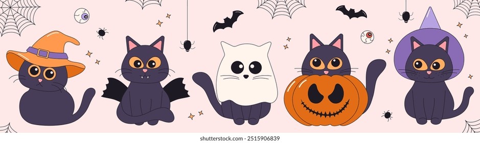 Cute kittens in Halloween costumes. Retro spooky sticker collection