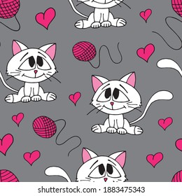 Cute kittens, hanks and hearts seamless pattern. Vector illustration.