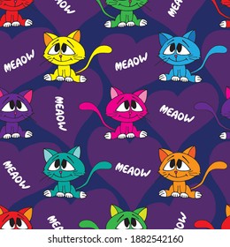 Cute kittens and hearts seamless pattern. Vector illustration.