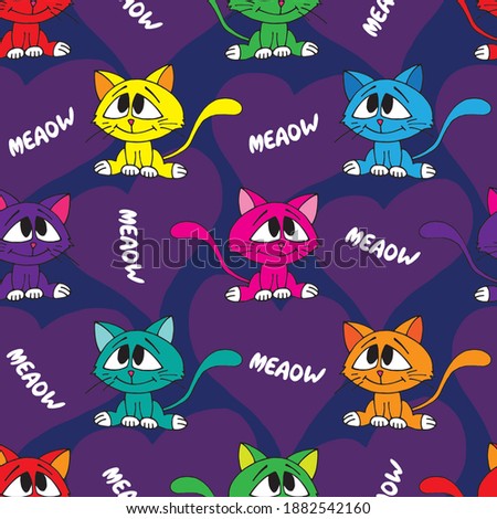 Cute kittens and hearts seamless pattern. Vector illustration.