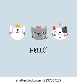 Los gatitos y la inscripción Hola. Ilustración vectorial. Ideal para el diseño de la ropa infantil, para postales, carteles, decoración interior