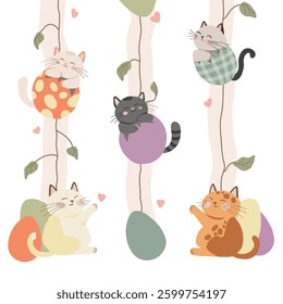 Cute kittens interacting with pastel Easter eggs, surrounded by delicate leaves and hearts. A soft, charming illustration perfect for greeting cards, children's decor, and festive designs.