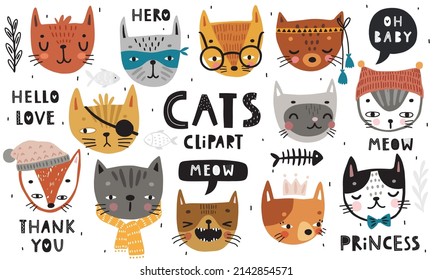 Cute kittens and letterings. Childish prints with different emotions - joy, anger, happines and others. Vector illustration.