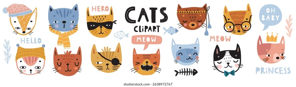 Cute kittens and letterings. Childish prints with different emotions - joy, anger, happiness and others. Vector illustration.