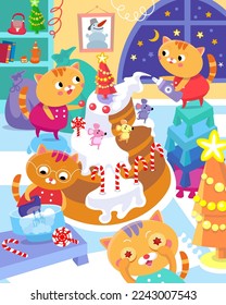 Cute kittens making Christmas cake with mice. Cartoon characters cats in uniform. Funny New Year scene with animals for workbooks, cards, books. Color vector illustration. 