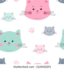 Cute kittens in pastel Colors. Cats seamless pattern. Great for baby fabric, nursery, textile, wallpaper, wraps. Kids cartoon endless vector background. 