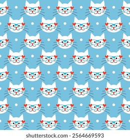 cute kittens pattern, cats with sunglasses on, vector background