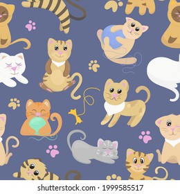 cute kittens playing with a ball of thread, jumping and sitting on a blue background, vector illustration in a flat style, seamless pattern