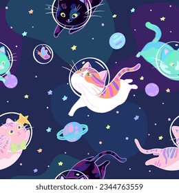 Cute kittens playing with planets in dreamy starry space. Seamless pattern